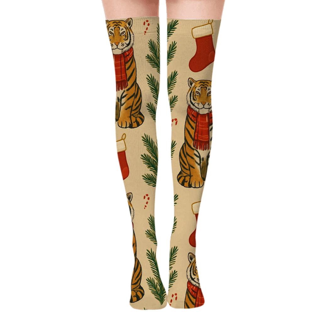 Tartan Tiger Stocking Stripes On Beige Background stylish fashion over-the-knee socks