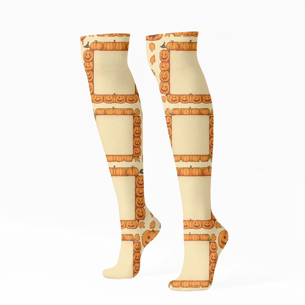 Carved Pumpkin Border Frames On Proper Neutral Background trendy patterned knee-high socks