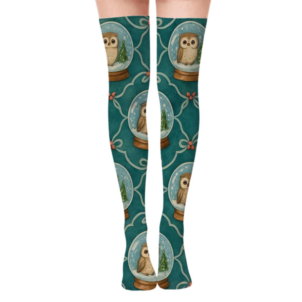 Owl Snow Globe Medallions On Teal Background comfortable cotton over-the-knee socks