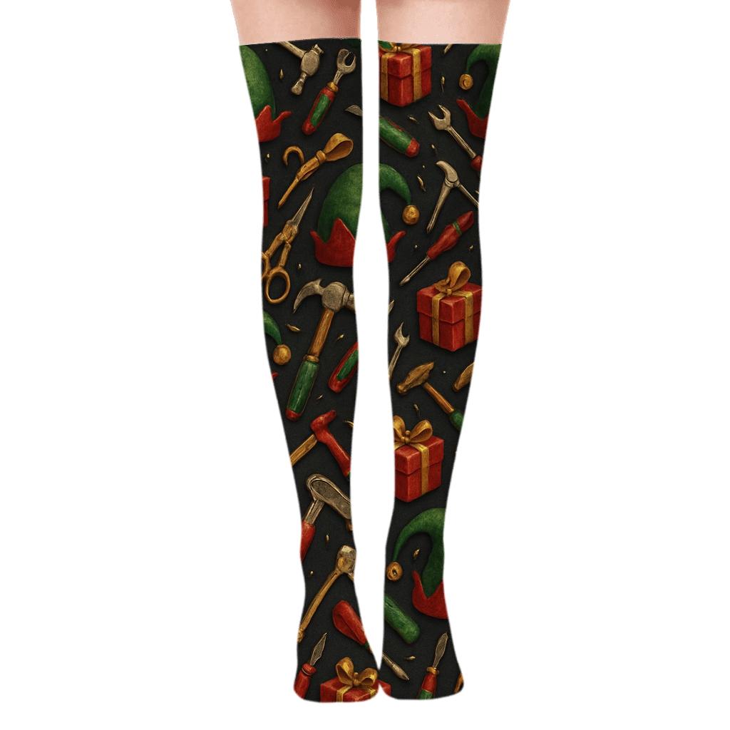Holiday Elf Toolbelt Tessellation personalized over-the-knee socks