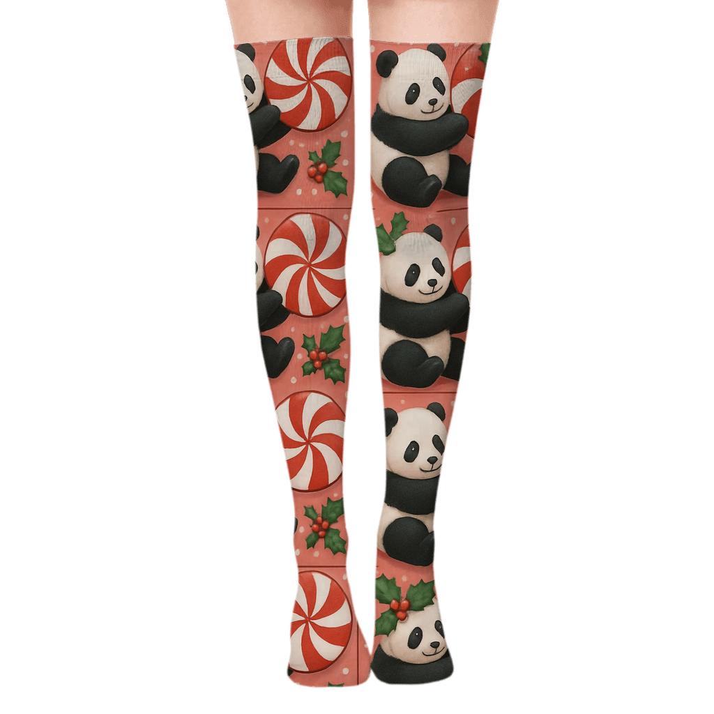 Panda Peppermint Spiral Tiles On Pink Background personalized over-the-knee socks