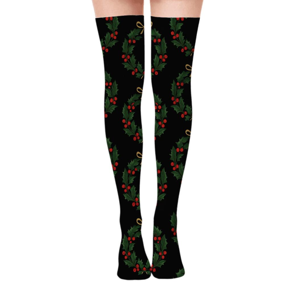 Christmas Wreath Radial Repeat On Black premium cozy over-the-knee socks