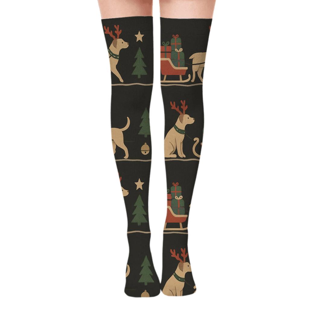 Dog Sleigh Team Repetition On Charcoal Background soft everyday over-the-knee socks
