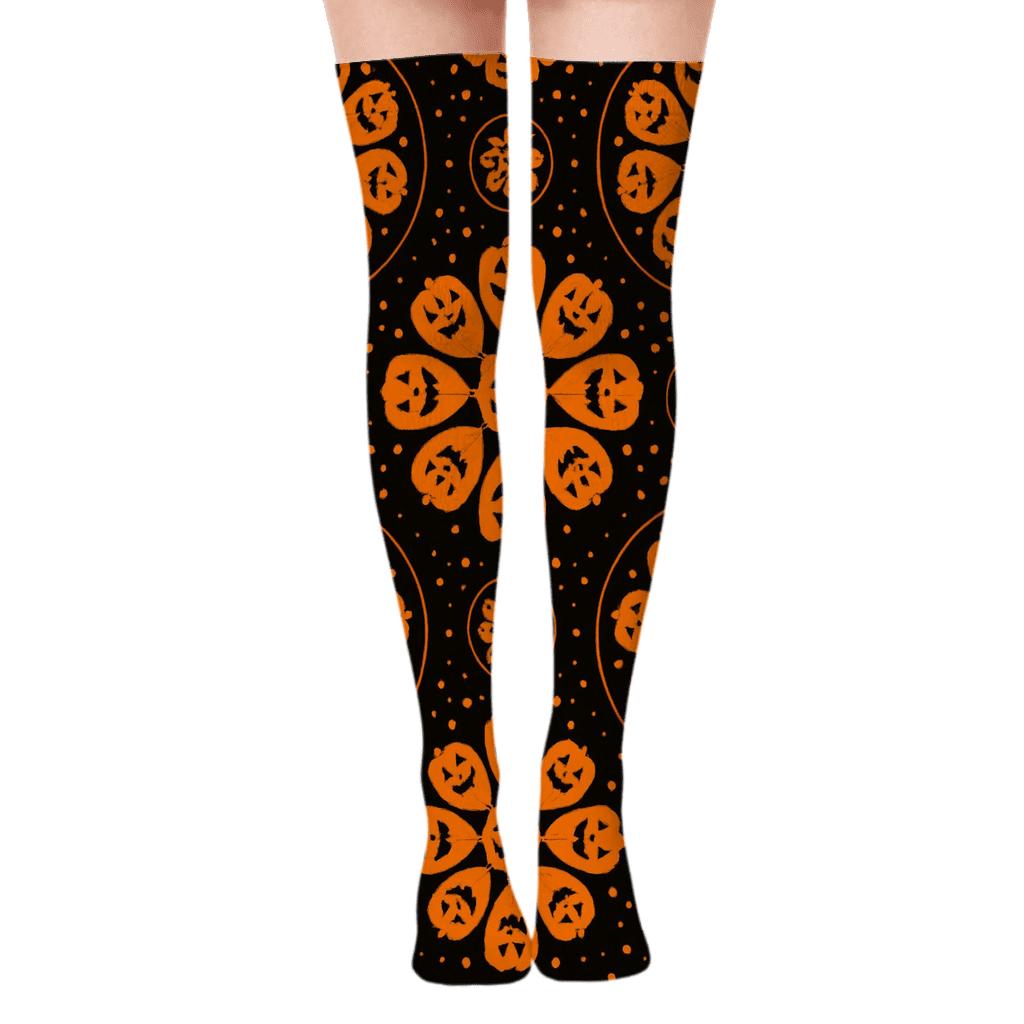 Orange Jack O Lantern Starburst Medallions On Black Background designer print over-the-knee socks