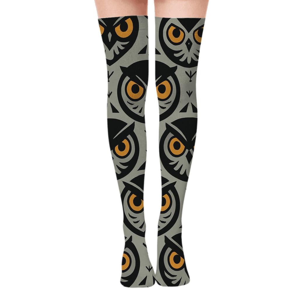 Black Owl Face Medallion Lattice On Fog Gray Background designer print over-the-knee socks