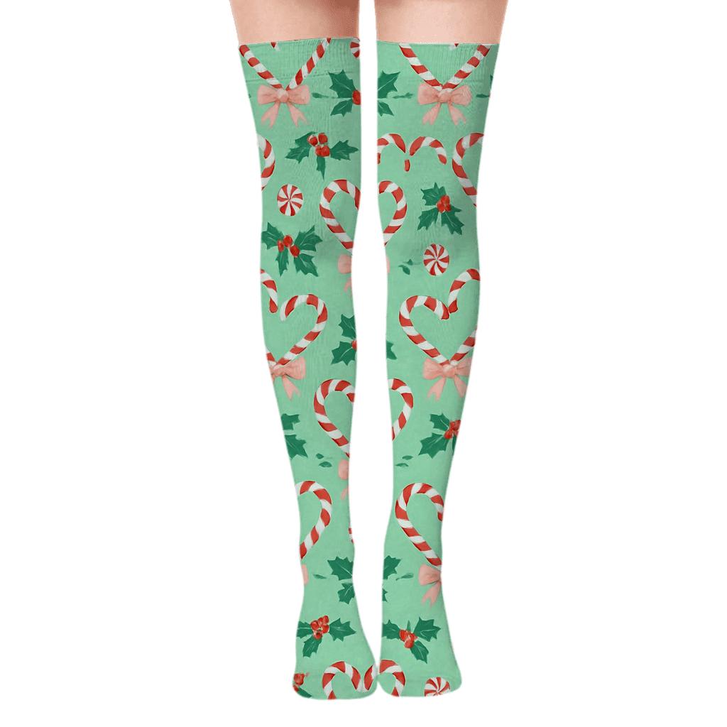 Candy Canes Heart Garland On Mint Field trendy patterned over-the-knee socks