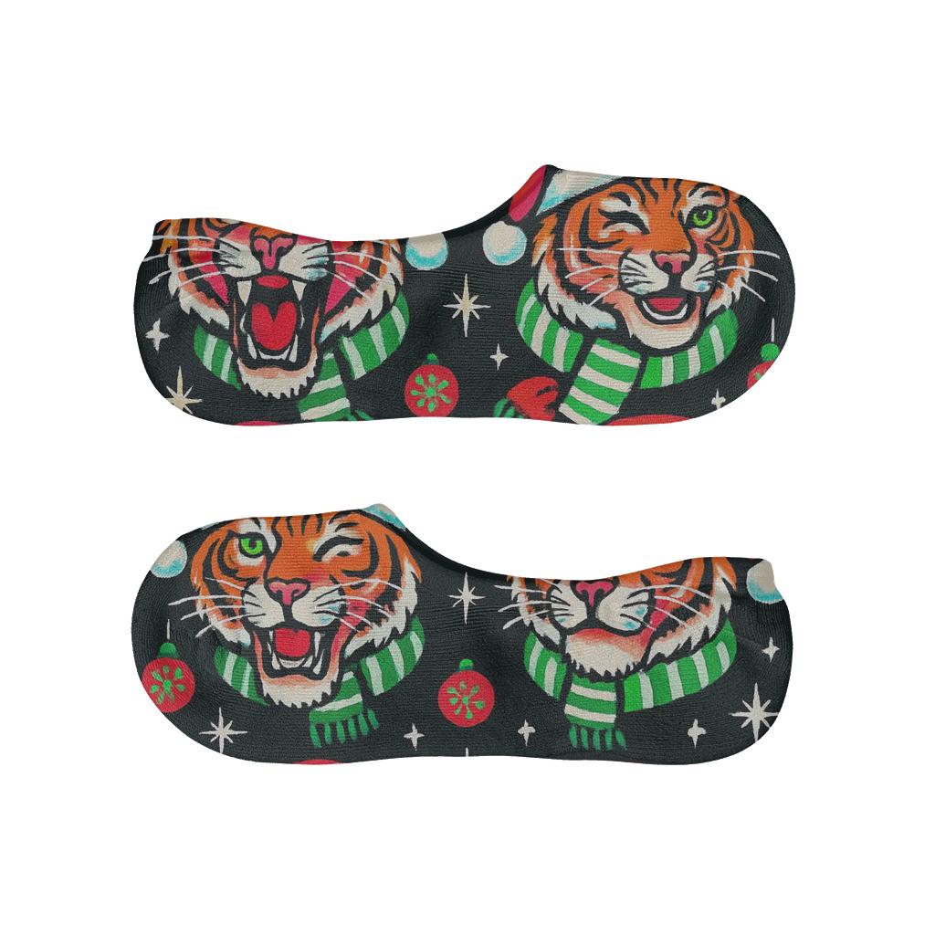 Neon Santa Hat Tigers Pop Art Tile On Black Background breathable seamless no-show sockscustom no-show socks