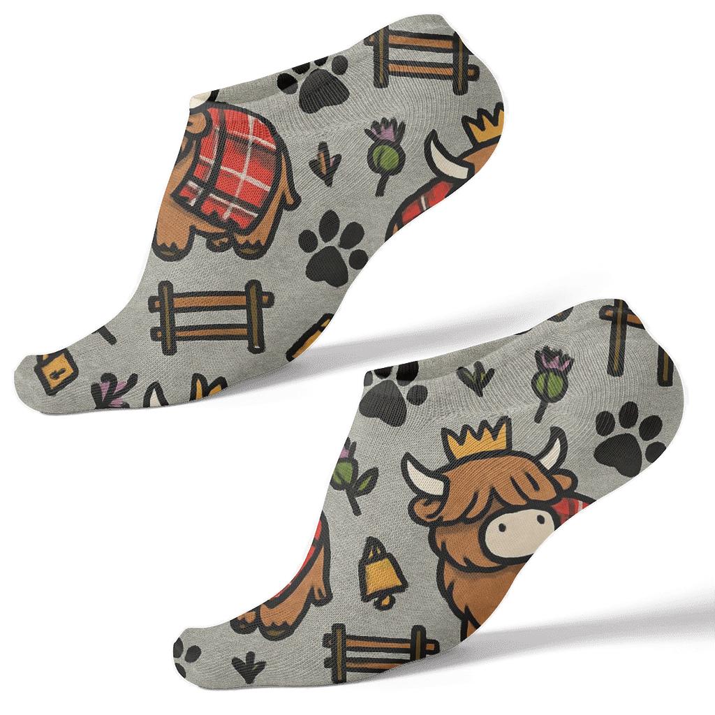 Highland Cow Tartan Orbit Scatter personalized ankle socks