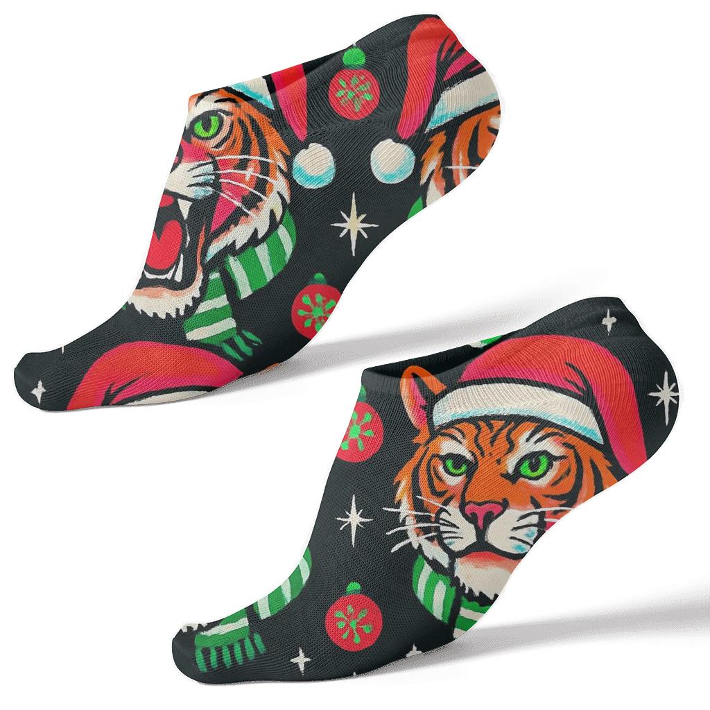 Neon Santa Hat Tigers Pop Art Tile On Black Background soft everyday ankle socks