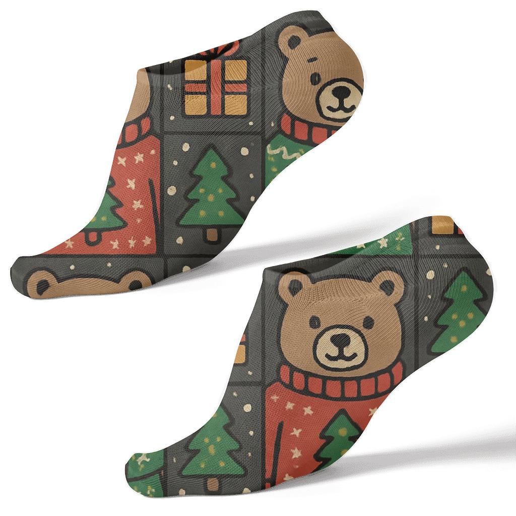 Bear Sweater Patchwork Blocks On Charcoal Background trendy patterned ankle socks