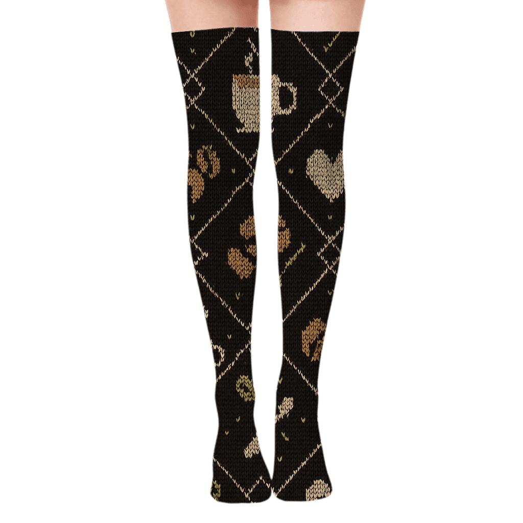 Knitted Illusion Espresso Tiles With Barista trendy patterned over-the-knee socks