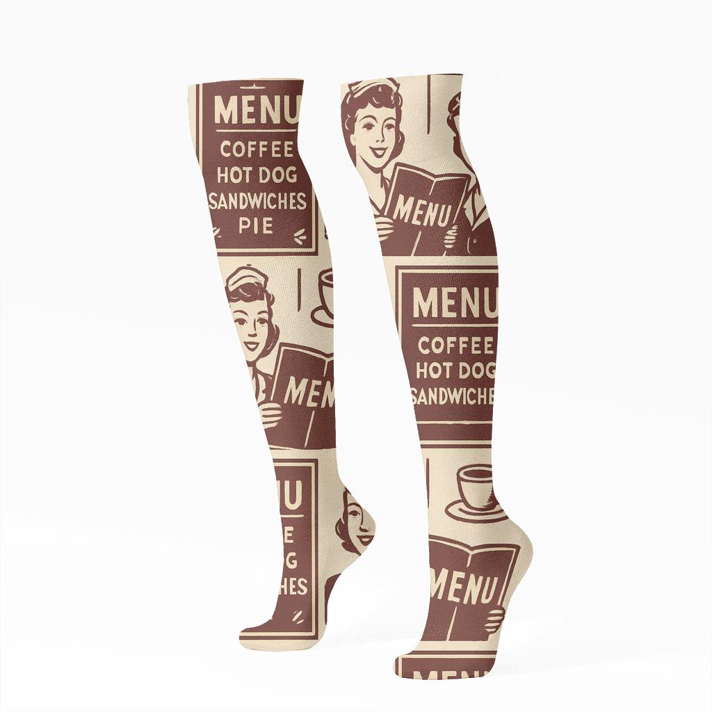Menu Board Lattice With Waitress Portrait Tiles designer print knee-high socks