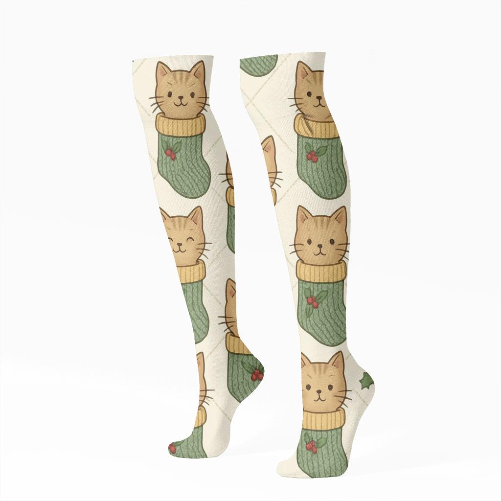 Mint Stocking Cats Lattice On Ivory Background premium sports knee-high socks