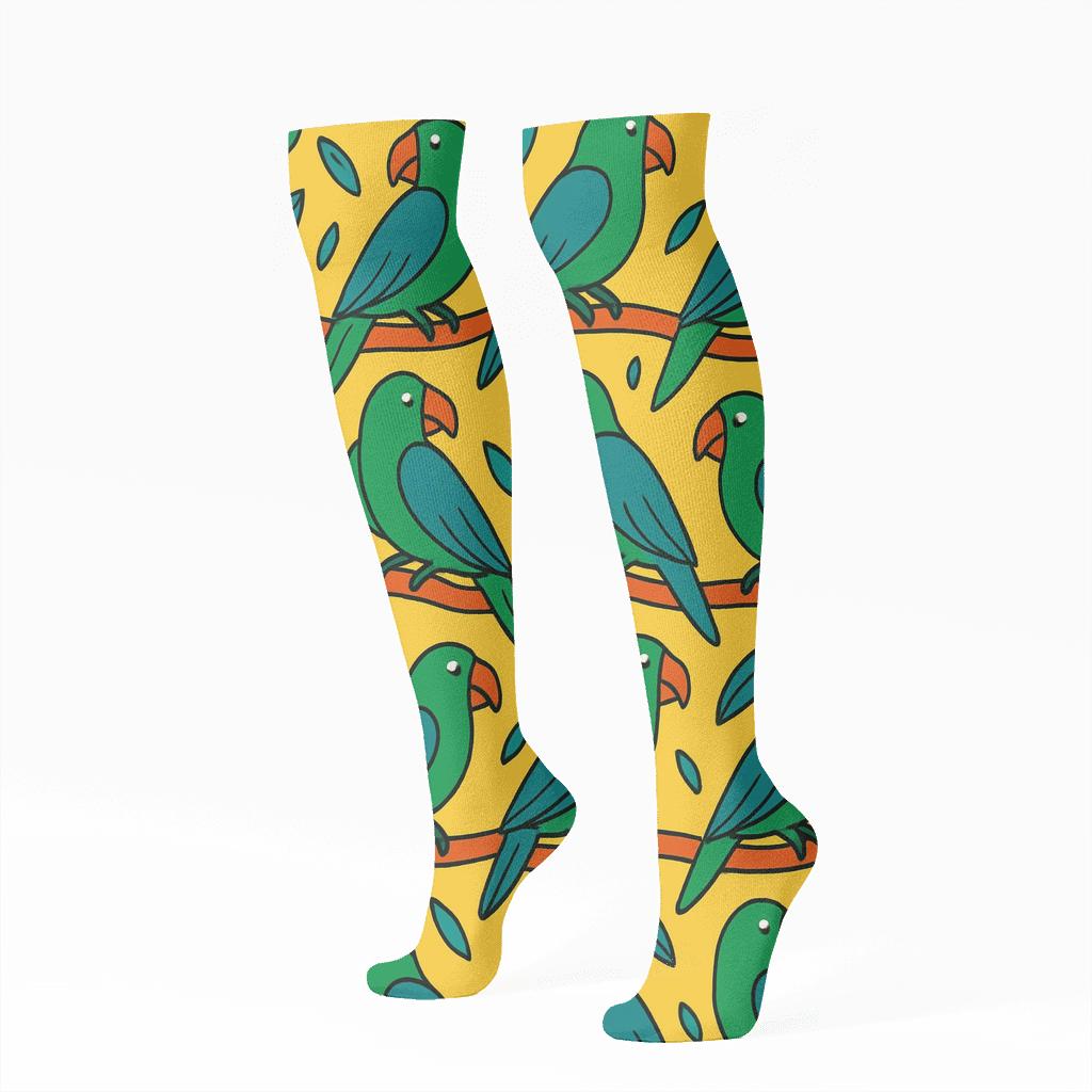 Tropical Parrot Perch Wave On Mango Yellow Background unique graphic knee-high socks