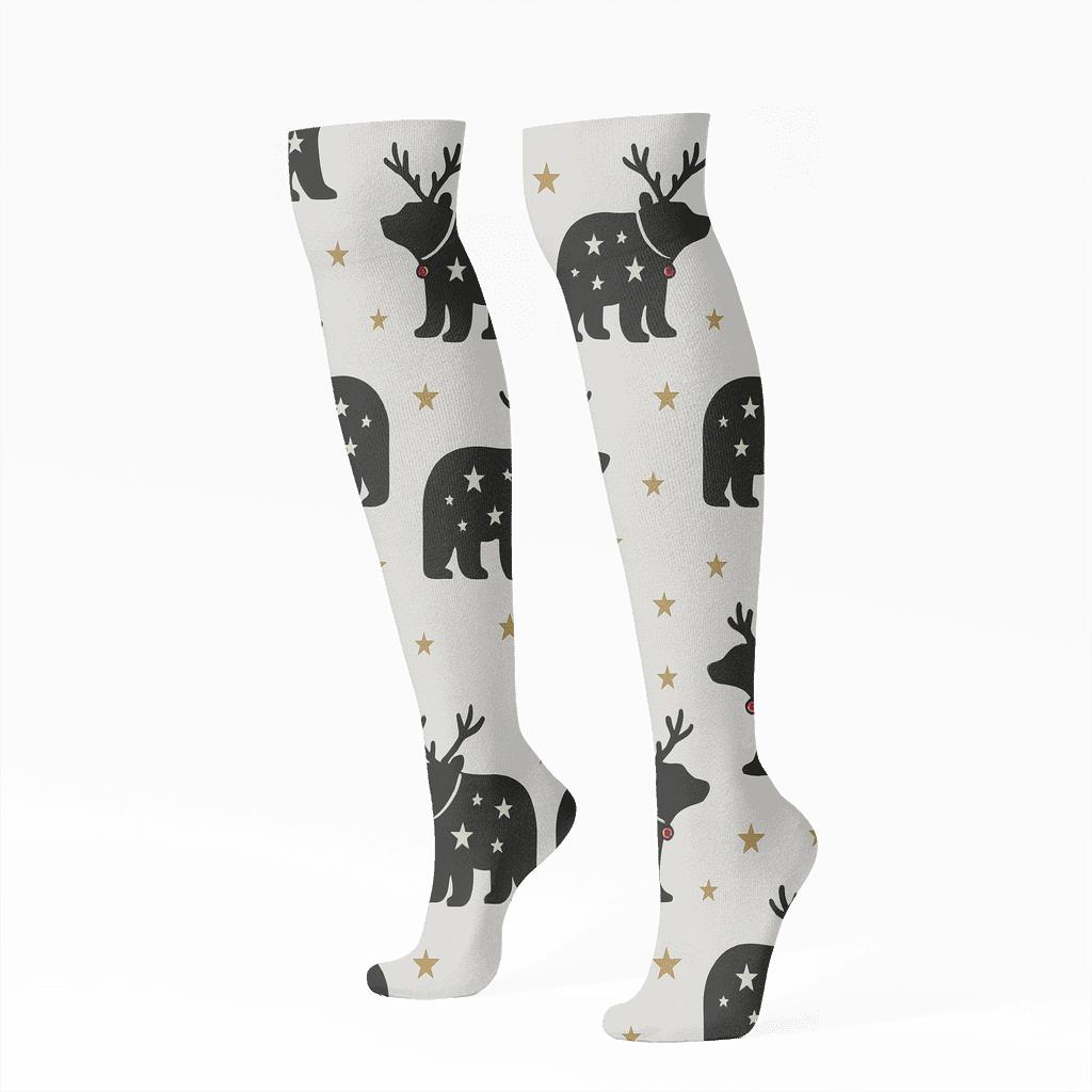 Starlit Reindeer Bear Silhouettes On Light Gray Background comfortable cotton knee-high socks