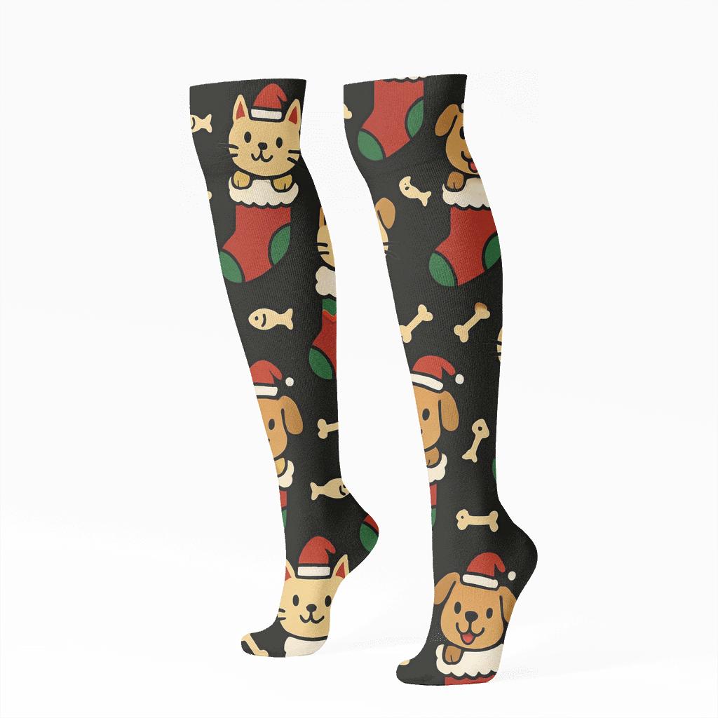 Holiday Pet Stocking Grid On Black Background stylish athletic knee-high socks