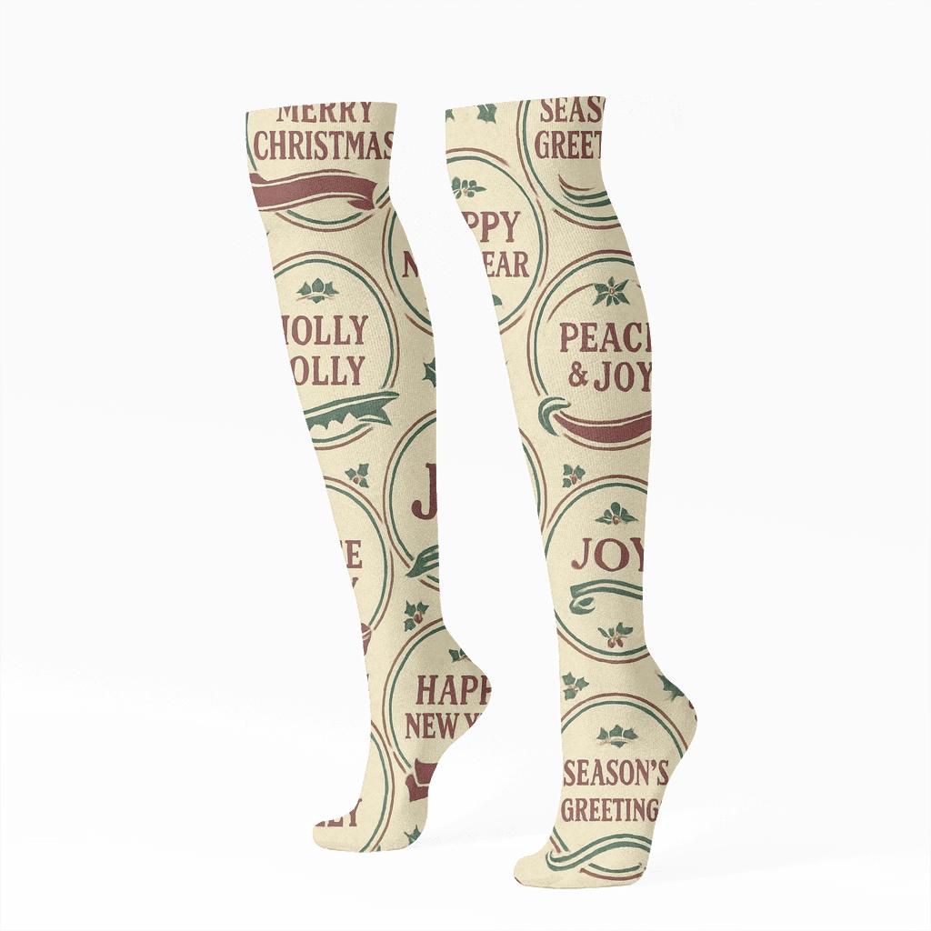 Vintage Holiday Poster Ornaments Medallion Repeat premium sports knee-high socks