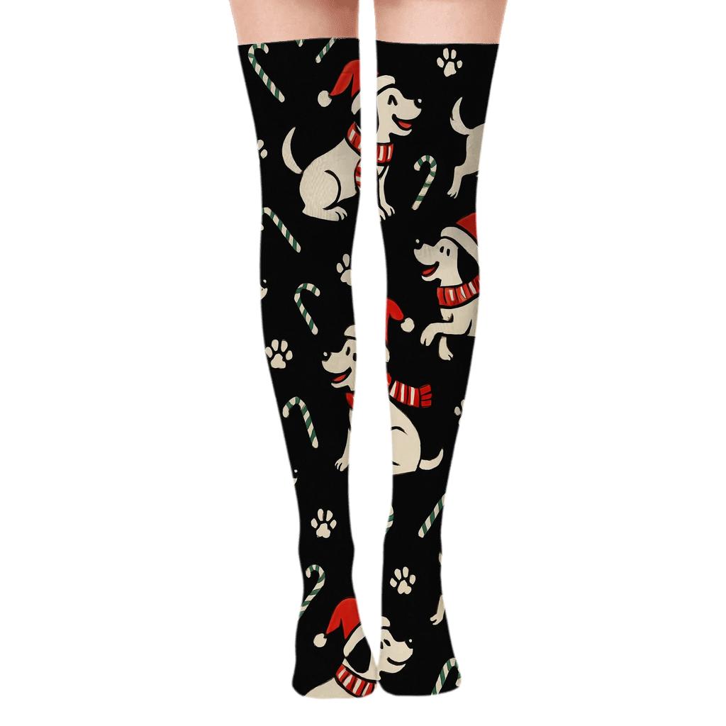 Crimson Santa Paws Diagonal Stripe On Black Background personalized over-the-knee socks
