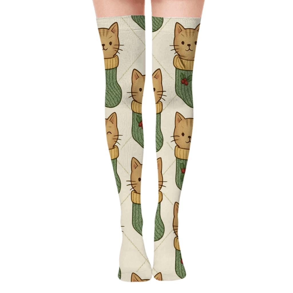 Mint Stocking Cats Lattice On Ivory Background custom over-the-knee socks