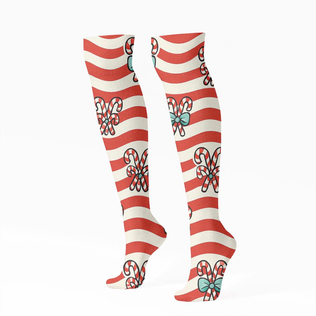 Candy Canes Stripe Interrupt Waves On Peppermint White custom knee-high socks
