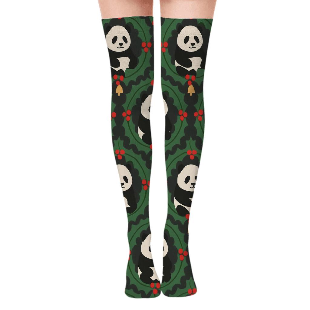 Holly Wreath Panda Rings On Charcoal Background stylish fashion over-the-knee socks