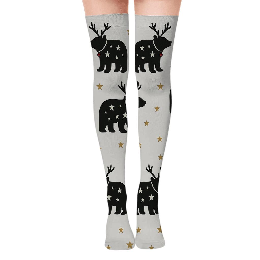 Starlit Reindeer Bear Silhouettes On Light Gray Background stylish fashion over-the-knee socks