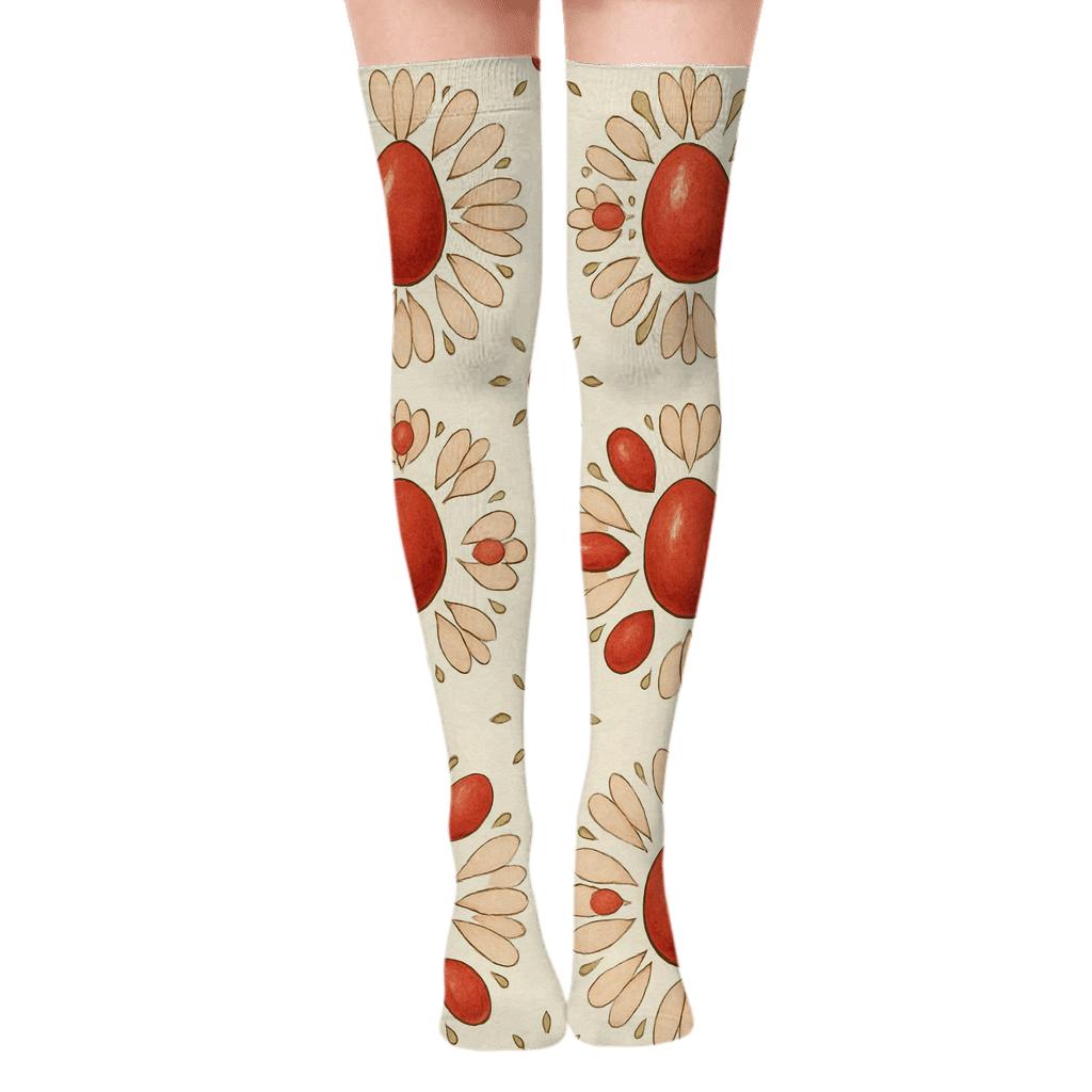 Scarlet Cardinal Egg Medallions On Cream Background custom over-the-knee socks