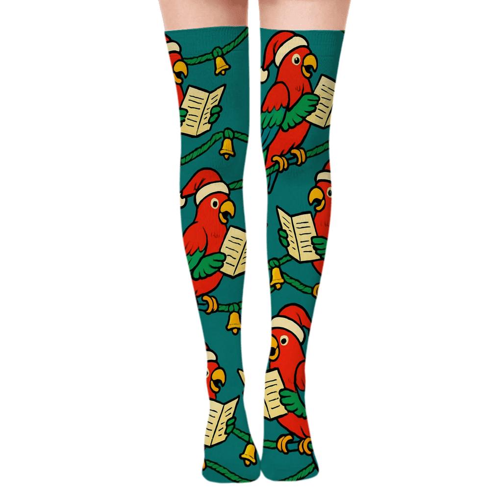 Carol Singer Parrot Garland Scatter On Teal Background trendy patterned over-the-knee socks