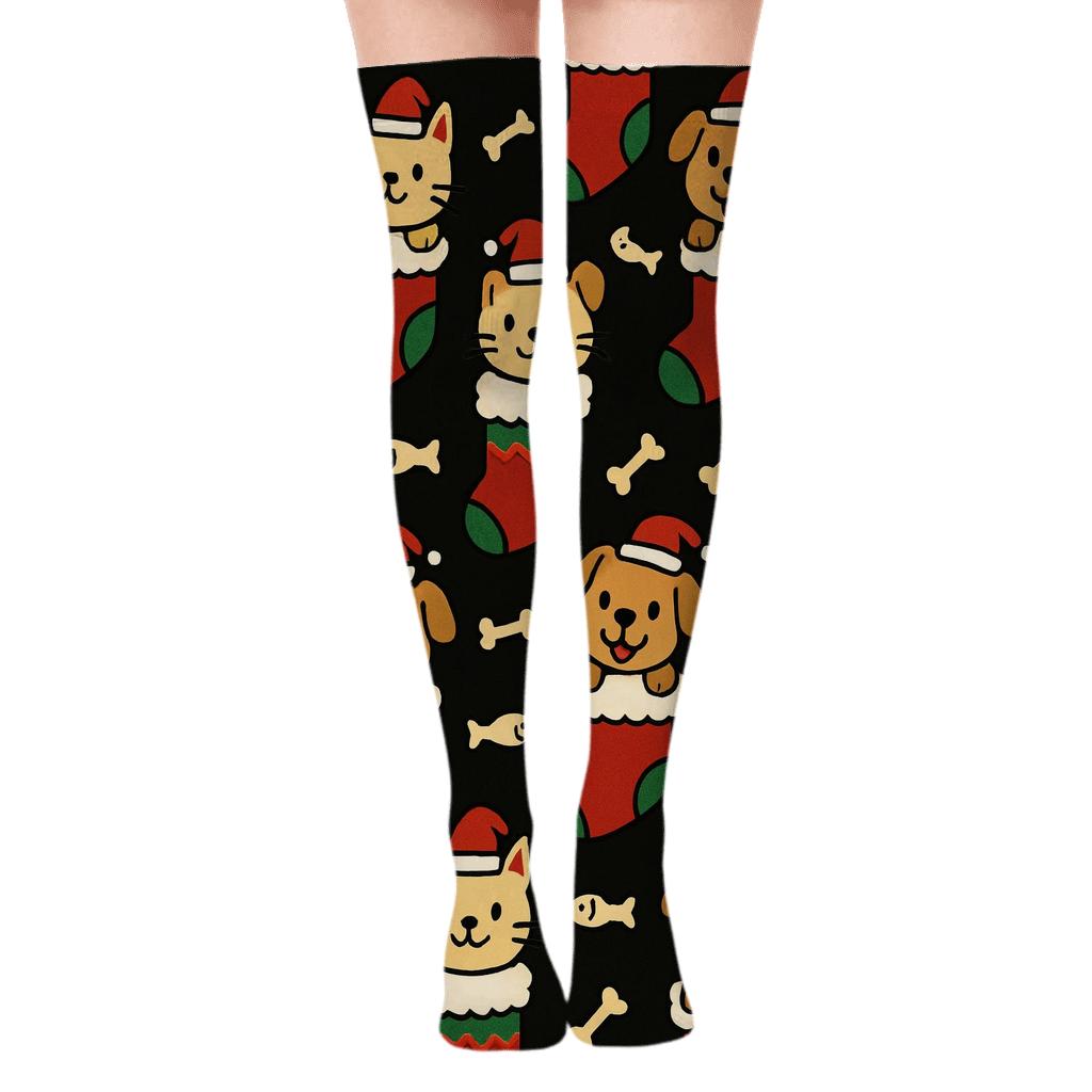 Holiday Pet Stocking Grid On Black Background custom over-the-knee socks