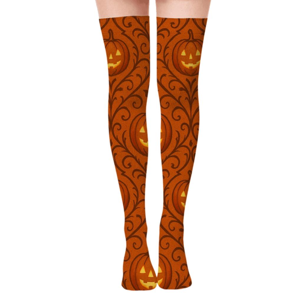 Pumpkin Vine Trellis Repeat On Orange Background trendy patterned over-the-knee socks