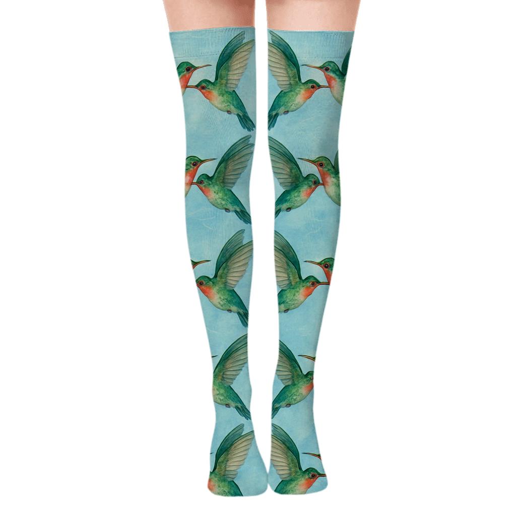Teal Hummingbird Flight Mirrored Array On Sky Blue Field stylish fashion over-the-knee socks