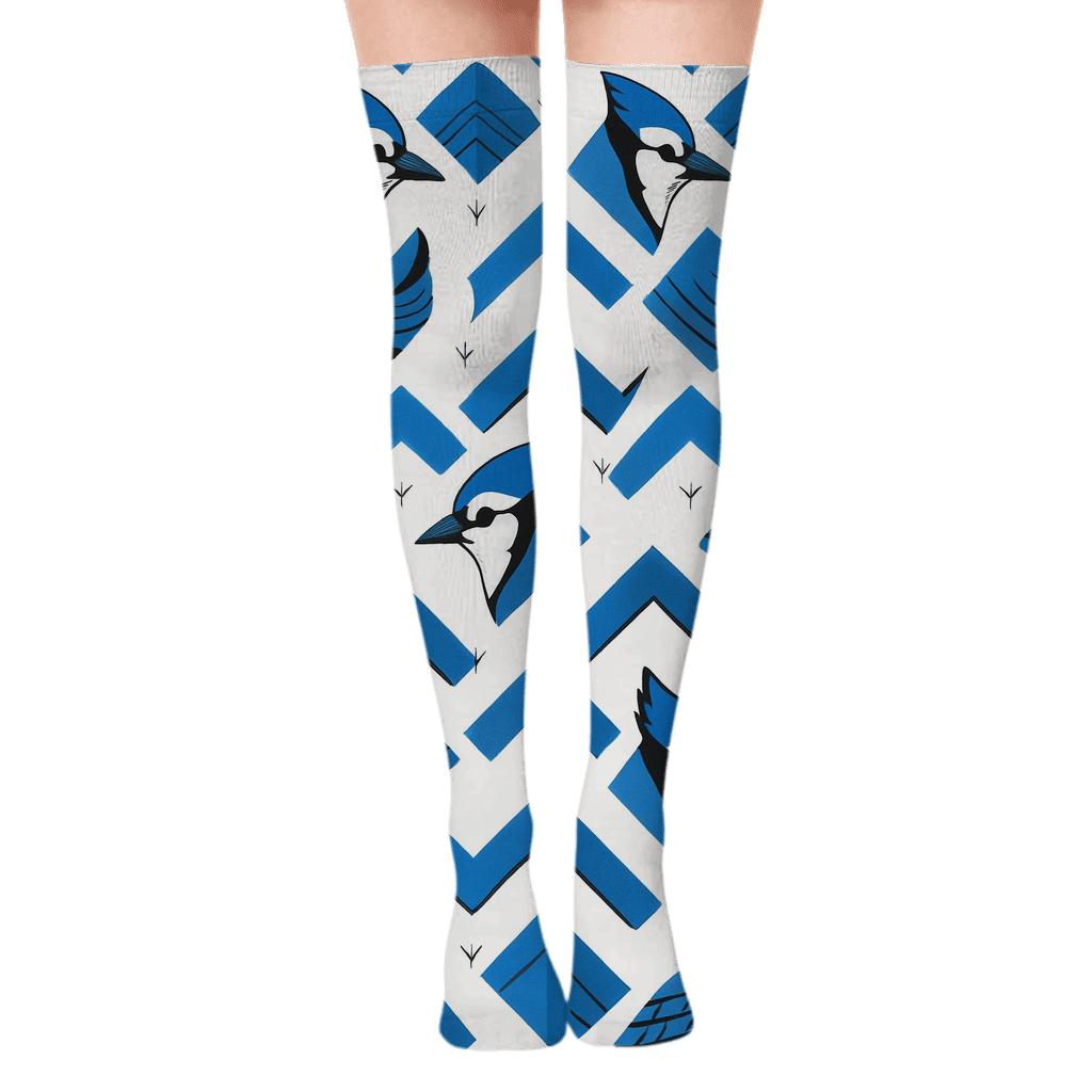 Blue Jay Crest Chevron On White Background designer print over-the-knee socks