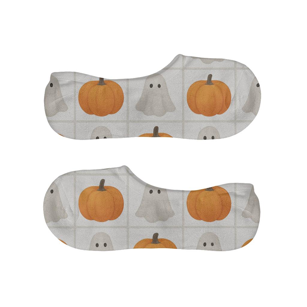 Orange Pumpkin And Ghost Alternating Check Grid On White Background breathable seamless no-show sockscustom no-show socks