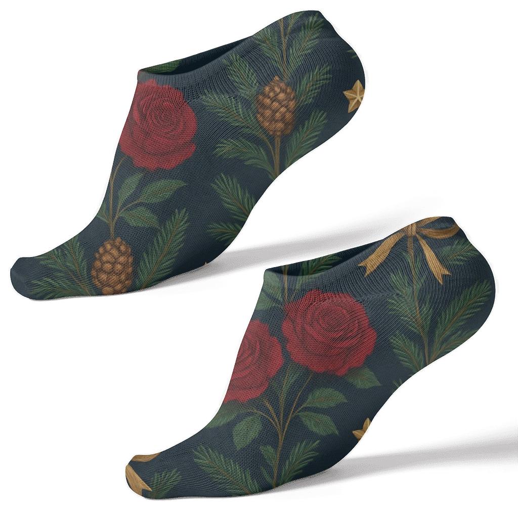 Midnight Evergreen Rose Garland Grid With Ornament Stars designer print ankle socks