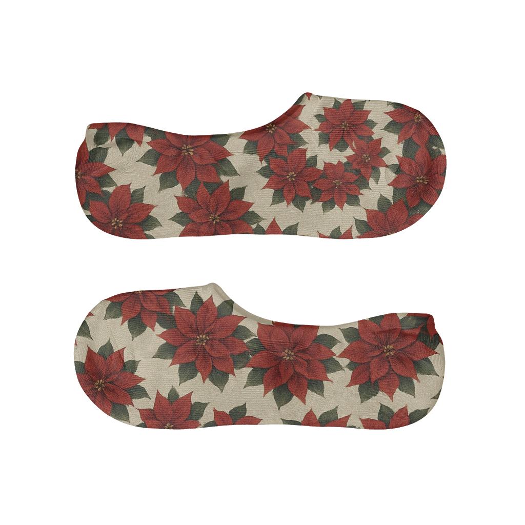 Xmas Poinsettia Spiral Rosettes On Cream Field designer print no-show socks
