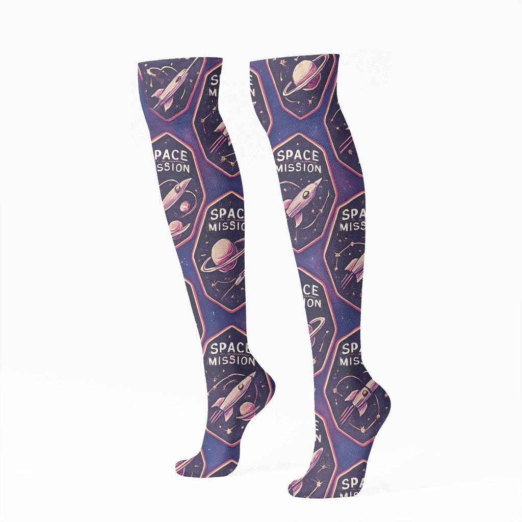 Cosmic Purple Retro Mission Patch Tessellation On Nebula Gradient unique graphic knee-high socks