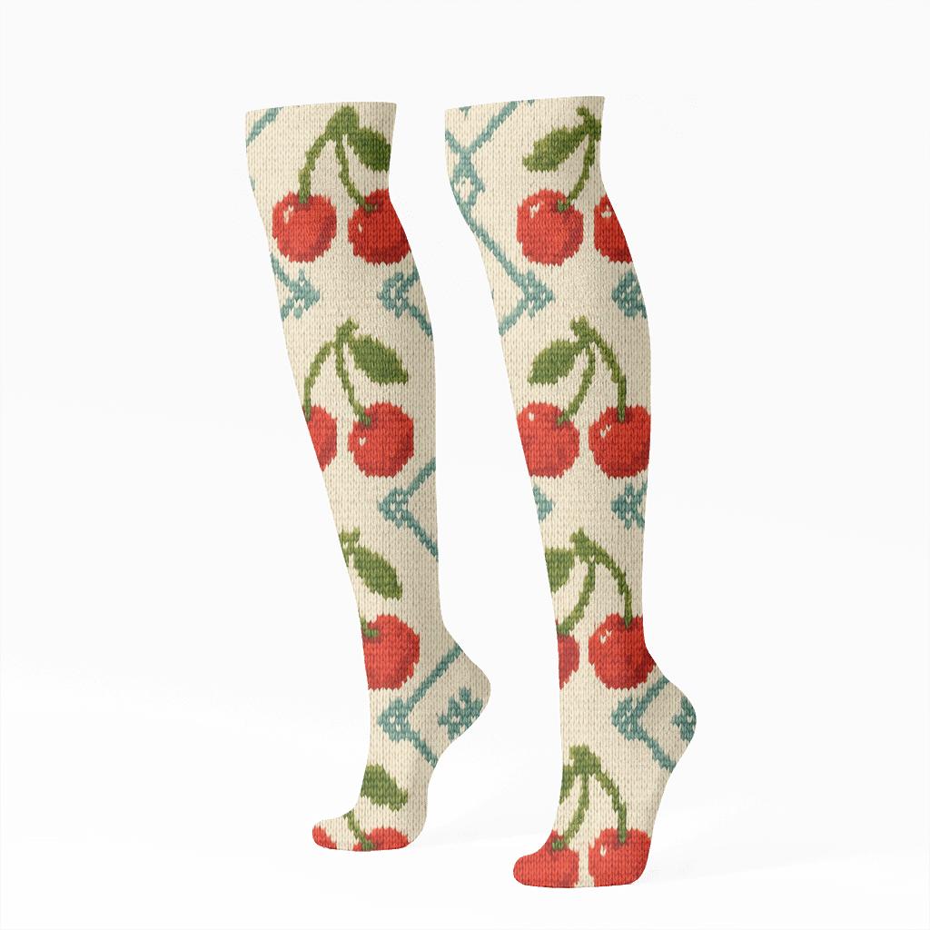 Knitted Lattice With Cherry Duos unique graphic knee-high socks