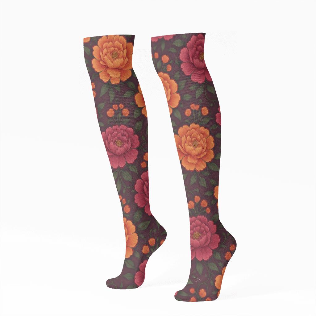 Sunset Peony Medallion Tiles On Deep Plum Background designer print knee-high socks