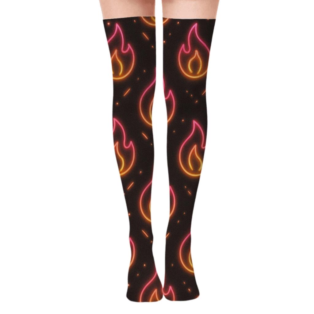 Neon Flame Chevron Signage On Charcoal Black designer print over-the-knee socks
