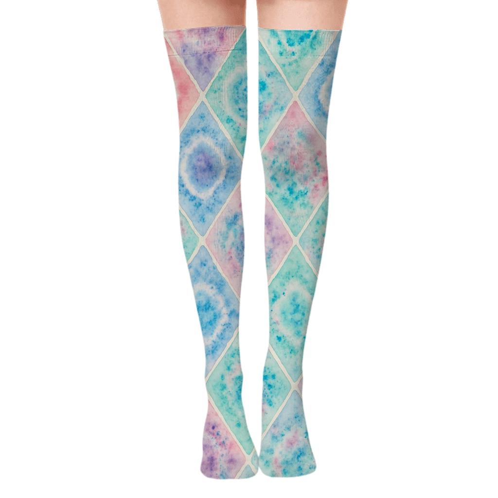 Pastel Shibori Diamond Accordion Pleat Field On Ivory Background comfortable cotton over-the-knee socks