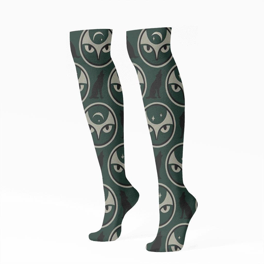 Moonlit Forest Medallions With Gray Wolf Eyes unique graphic knee-high socks