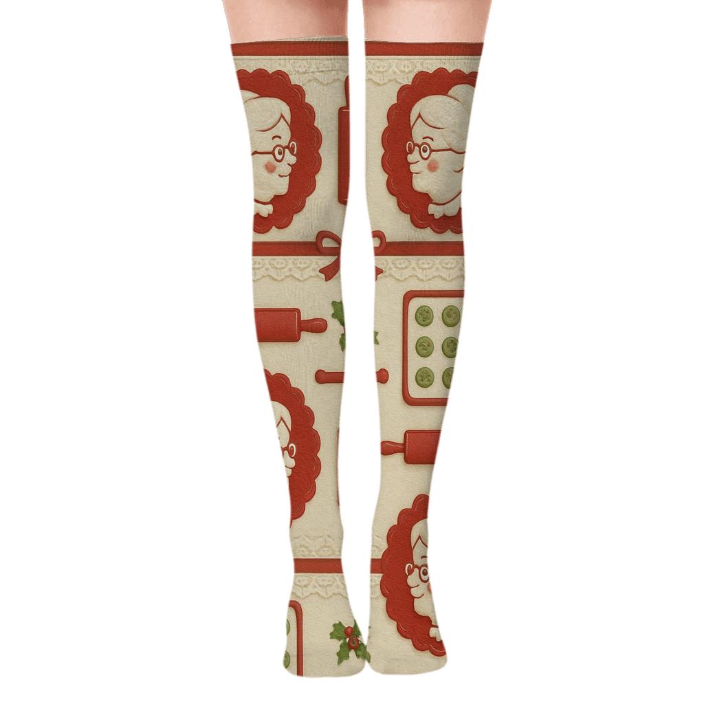 Apron Panel Mirrored With Mrs. Claus Cameos soft everyday over-the-knee socks