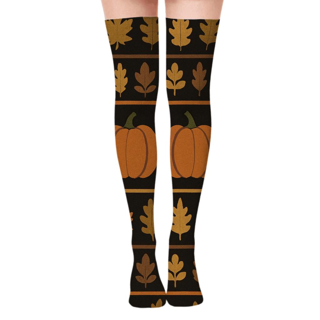 Midnight Pumpkin Mirror Patch With Leaf Silhouette Bands unique graphic over-the-knee socks