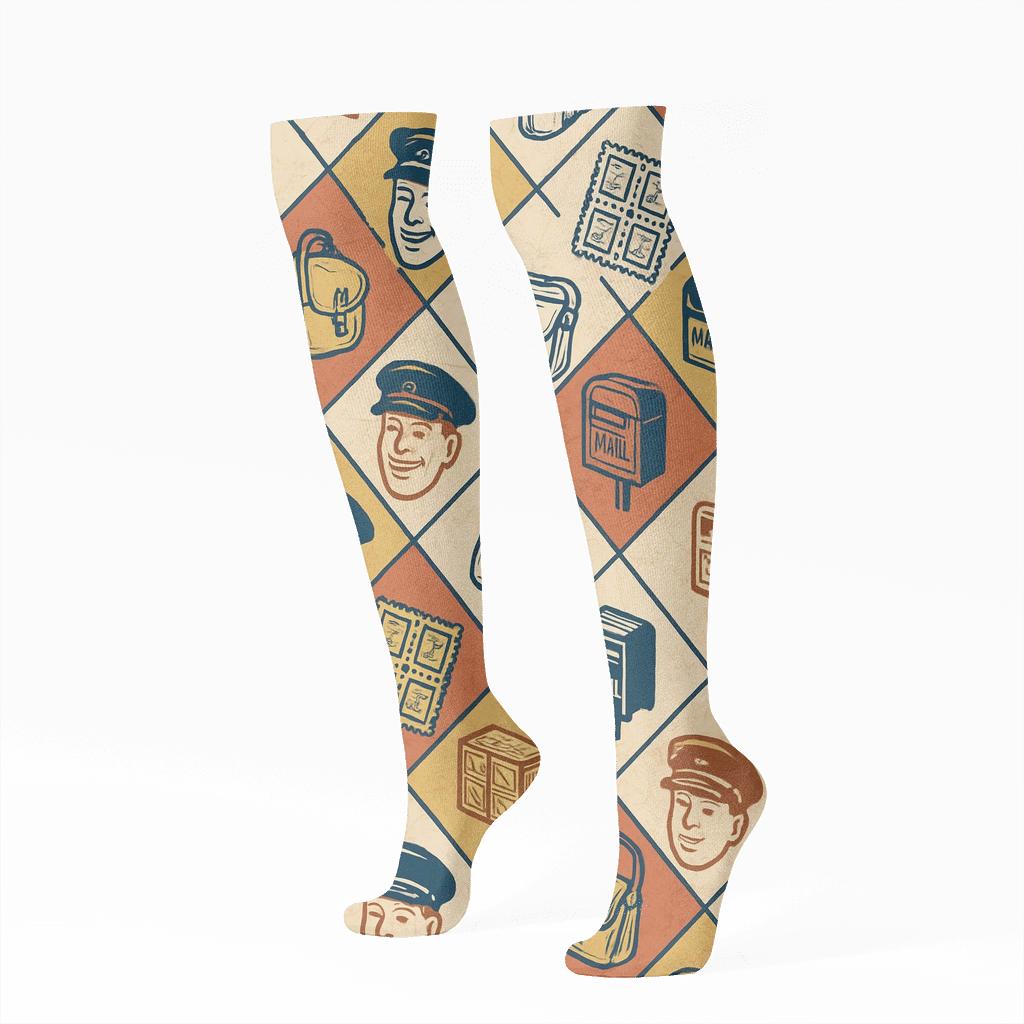 Delivery Route Patchwork With Postal Worker Icons trendy patterned knee-high socks