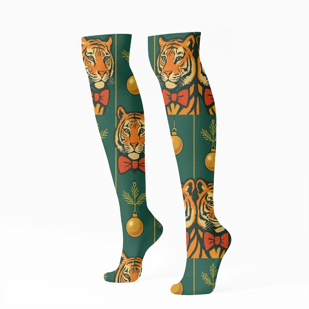 Golden Ornament Tiger Mirror Pair On Deep Green Background stylish athletic knee-high socks