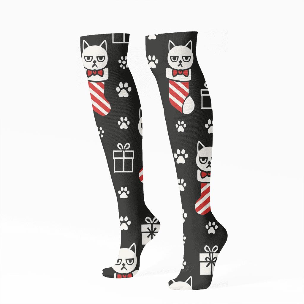 Black And White Grumpy Cat Stocking Grid On Black Background premium sports knee-high socks