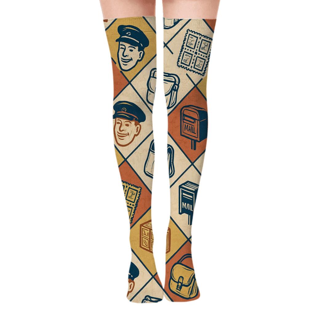 Delivery Route Patchwork With Postal Worker Icons comfortable cotton over-the-knee socks