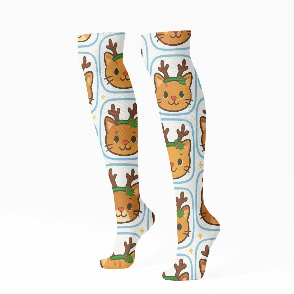 Icy Blue Reindeer Cat Portrait Tiles On White Background custom knee-high socks