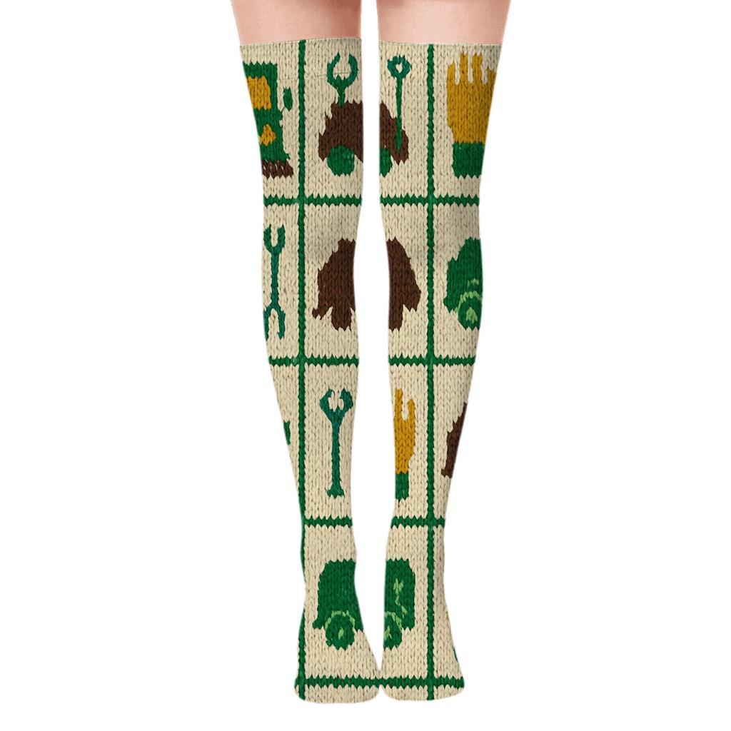 Sanitation Worker Knitted Grid Of Trucks And Tools trendy patterned over-the-knee socks