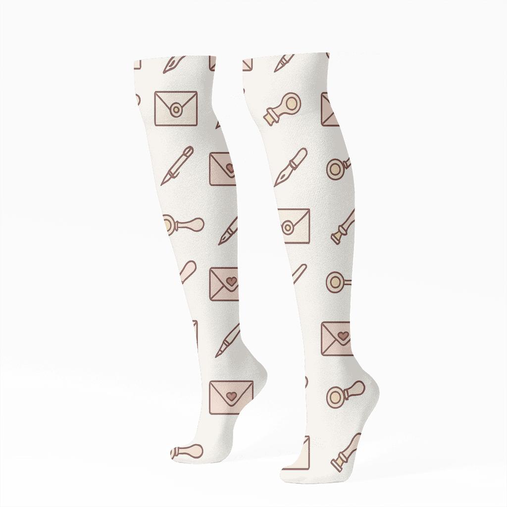 Modern Minimalist Grid With Valentines Love Letter Envelope Motifs stylish athletic knee-high socks
